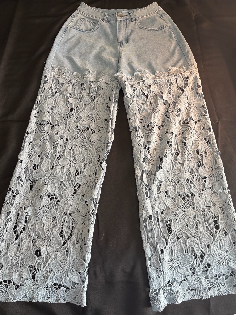 Light Wash Denim Crochet Panel Wide-Leg Women's Festival Jeans